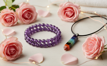 Amethyst crystal bracelet and 7 chakra healing pendant with pink roses and fairy lights - crystal jewellery