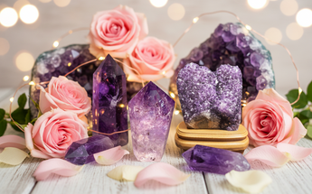 Natural amethyst crystal points and clusters with pink roses and fairy lights for healing, protection and spiritual growth