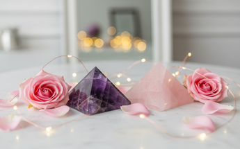 Amethyst and rose quartz crystal pyramids with pink roses and fairy lights for energy and manifestation
