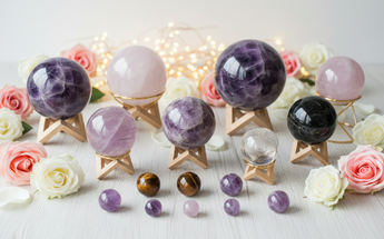 Crystal spheres and sphere stands arranged with roses and fairy lights