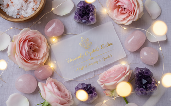 Heavenly Crystals Online gift card with rose quartz, amethyst crystals, pink roses and fairy lights - meaningful gifts for loved ones