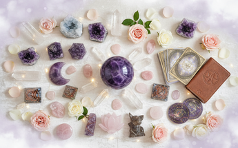 New arrival crystals, carvings and spiritual treasures arranged with roses and fairy lights