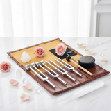 4‑Piece Alloy Tuning Fork Set (136.1Hz, 128Hz, 384Hz, 256Hz) with Wooden Hammer, Activator & Leather Case - Heavenly Crystals Online