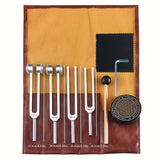 4‑Piece Alloy Tuning Fork Set (136.1Hz, 128Hz, 384Hz, 256Hz) with Wooden Hammer, Activator & Leather Case - Heavenly Crystals Online