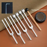 4‑Piece Alloy Tuning Fork Set (136.1Hz, 128Hz, 384Hz, 256Hz) with Wooden Hammer, Activator & Leather Case - Heavenly Crystals Online