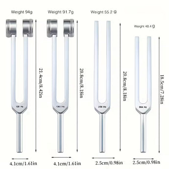 4‑Piece Alloy Tuning Fork Set (136.1Hz, 128Hz, 384Hz, 256Hz) with Wooden Hammer, Activator & Leather Case - Heavenly Crystals Online