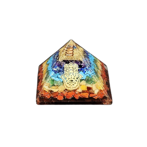 7 Chakra, Clear Quartz, Hand of Hamsa Symbol Orgonite Pyramid - 253 grams