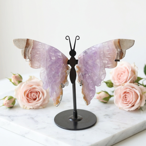 Amethyst Agate Butterfly Crystal Carving on Stand (154g) - Transformation & Spiritual Growth - Heavenly Crystals Online