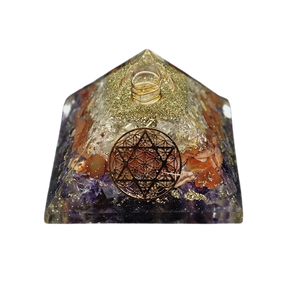 Amethyst, Carnelian, Golden Rutilated Quartz, Clear Quartz & Copper Flower of Life Orgonite Pyramid (248g) - Intuition, Vitality, Manifestation & Energy Harmony - Heavenly Crystals Online