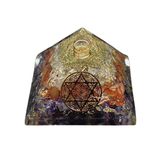 Amethyst, Carnelian, Golden Rutilated Quartz, Clear Quartz & Copper Flower of Life Orgonite Pyramid (248g) - Intuition, Vitality, Manifestation & Energy Harmony - Heavenly Crystals Online