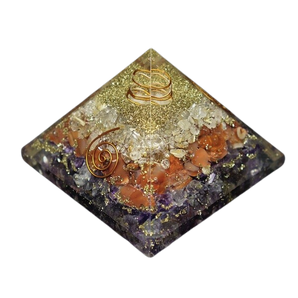 Amethyst, Carnelian, Golden Rutilated Quartz, Clear Quartz & Copper Flower of Life Orgonite Pyramid (248g) - Intuition, Vitality, Manifestation & Energy Harmony - Heavenly Crystals Online