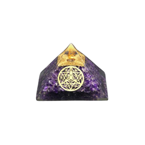 Amethyst & Clear Quartz Orgonite Pyramid with Flower of Life (228g) – Intuition, Clarity & Energy Harmony - Heavenly Crystals Online