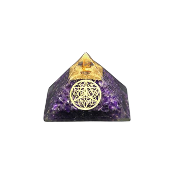 Amethyst & Clear Quartz Orgonite Pyramid with Flower of Life (228g) – Intuition, Clarity & Energy Harmony - Heavenly Crystals Online