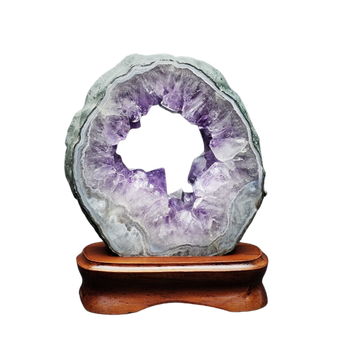 Amethyst Geode Slice (900g) on Wooden Base - Calm, Intuition & Spiritual Clarity - Heavenly Crystals Online