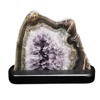 Amethyst Geode Slice (947g) on Wooden Base – Calm, Intuition & Spiritual Clarity - Heavenly Crystals Online