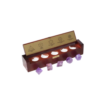 Amethyst Platonic Solids Set in Wooden Box – Sacred Geometry, Healing & Intuition - Heavenly Crystals Online