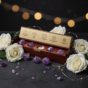 Amethyst Platonic Solids Set in Wooden Box – Sacred Geometry, Healing & Intuition - Heavenly Crystals Online