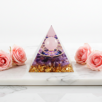Amethyst, Rose Quartz & Copper Orgonite Pyramid with Flower of Life (111g) – Love, Intuition & Energy Harmony - Heavenly Crystals Online