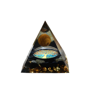 Black Obsidian & Golden‑Brown Tiger’s Eye Orgonite Pyramid with Tree of Life (105g) – Protection, Strength & Grounded Growth - Heavenly Crystals Online