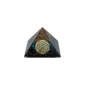 Black Tourmaline, Blue Apatite & Clear Quartz Orgonite Pyramid with Flower of Life – Protection, Insight & Energy Alignment - Heavenly Crystals Online
