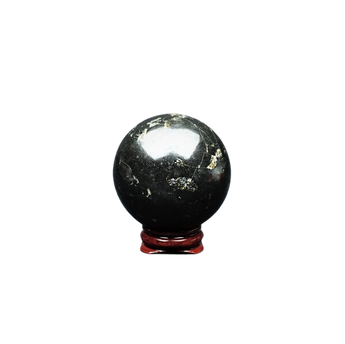 Black Tourmaline Sphere with Wooden Stand – Protection, Grounding & Energy Shielding - Heavenly Crystals Online