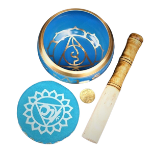 Blue Brass Singing Tibetan Bowl includes Striker and Cushion - Throat Chakra - Communication 11.5cm - Heavenly Crystals Online