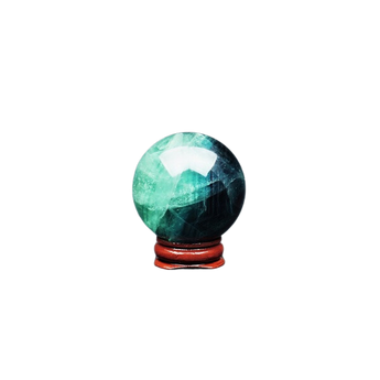 Blue and Green Fluorite Sphere with wooden stand (185g) - Clarity, Calm & Intuitive Insight - Heavenly Crystals Online