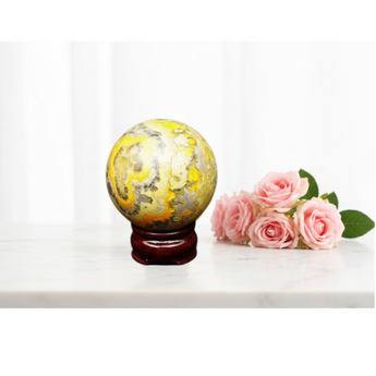 Bumblebee Jasper Sphere with Wooden Stand (388g) – Vitality, Confidence & Creative Flow - Heavenly Crystals Online