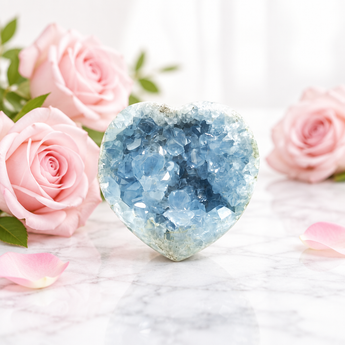 Celestite Geode Heart with Stand (477g) Peace, Clarity & Angelic Connection Crystal - Heavenly Crystals Online