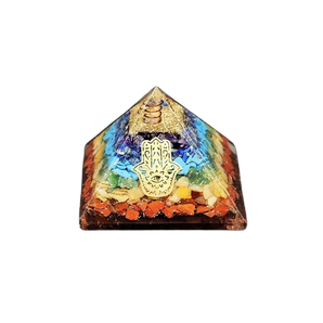 Chakra Orgonite Pyramid with Clear Quartz & Hamsa Hand (253g) – Chakra Balancing, Protection & Energy Alignment - Heavenly Crystals Online