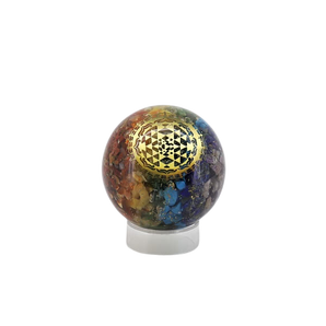 Chakra Orgonite Sphere (121g) with Wooden Display Stand – Alignment, Healing & Aura Protection - Heavenly Crystals Online