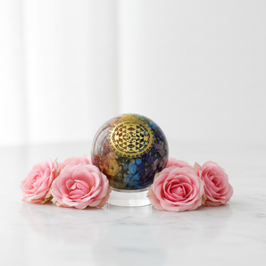Chakra Orgonite Sphere (121g) with Wooden Display Stand – Alignment, Healing & Aura Protection - Heavenly Crystals Online
