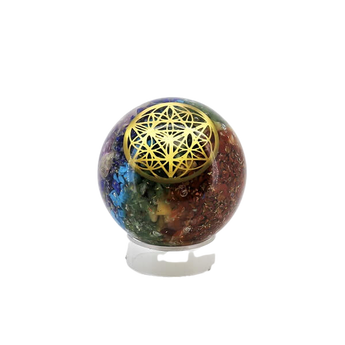 Chakra Orgonite Sphere (125g) on Wooden Stand – Flower of Life, Alignment & Aura Protection - Heavenly Crystals Online