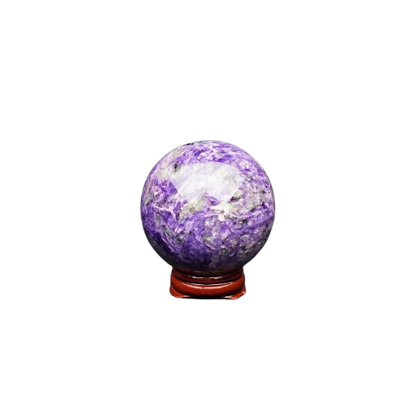Charoite Sphere with Wooden Stand 331g – Heavenly Crystals Online
