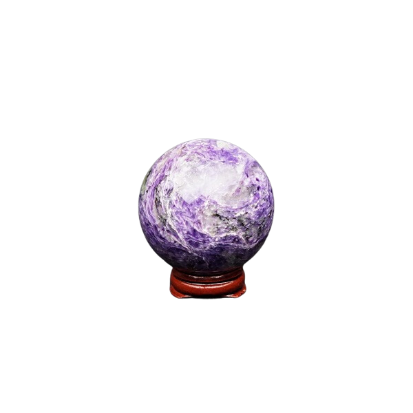 Charoite Sphere with Wooden Stand 331g – Heavenly Crystals Online