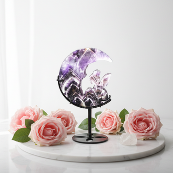 Chevron Amethyst Moon Fairy Carving on Stand (343g) – Celestial Crystal Decor & Healing Sculpture - Heavenly Crystals Online