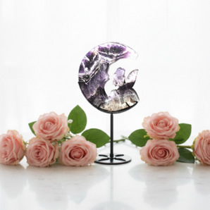 Chevron Amethyst Moon Fairy Carving on Stand (375g) – Celestial Crystal Decor & Healing Sculpture - Heavenly Crystals Online