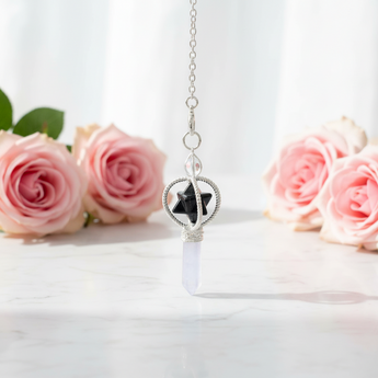 Clear Quartz & Black Obsidian Merkabah Star Pendulum with Velvet Pouch – Clarity & Protection - Heavenly Crystals Online