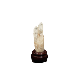 Clear Quartz Point (643g) with Golden Healer Bridges on Wooden Stand – Clarity, Activation & Healing Light - Heavenly Crystals Online