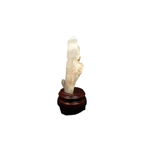 Clear Quartz Point (643g) with Golden Healer Bridges on Wooden Stand – Clarity, Activation & Healing Light - Heavenly Crystals Online