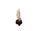 Clear Quartz Point (643g) with Golden Healer Bridges on Wooden Stand – Clarity, Activation & Healing Light - Heavenly Crystals Online