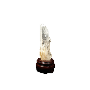 Clear Quartz Point (659g) with Golden Healer Bridges & Rainbows on Wooden Stand – Clarity, Activation & Healing Light - Heavenly Crystals Online