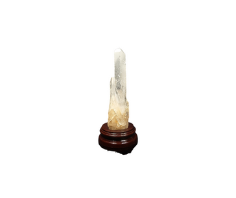 Clear Quartz Point (659g) with Golden Healer Bridges & Rainbows on Wooden Stand – Clarity, Activation & Healing Light - Heavenly Crystals Online