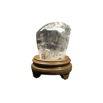 Clear Quartz with Green Chlorite Inclusions (1.305kg) – Polished Freeform Crystal on Wooden Stand - Heavenly Crystals Online