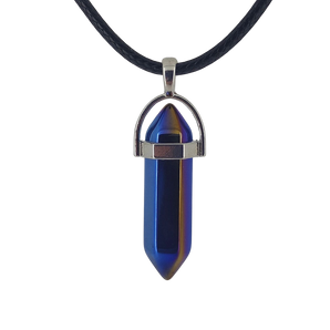 Cobalt Aura Quartz Double Terminated Pendant with black cord