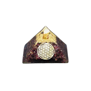 Garnet, Clear Quartz, Copper, Flower of Life Orgonite Pyramid - 277 grams