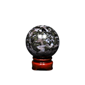 Gabbro Indigo known as Mystic Merlinite Sphere with wooden stand - 405 grams