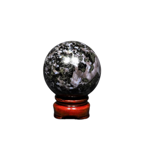 Gabbro Indigo known as Mystic Merlinite Sphere with wooden stand - 405 grams
