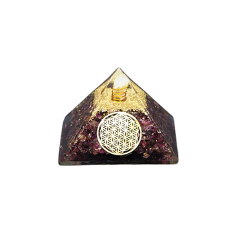 Garnet & Clear Quartz Orgonite Pyramid with Flower of Life (277g) – Strength, Vitality & Energy Amplification - Heavenly Crystals Online