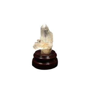 Golden Lemurian Quartz (307g) Raw Point with Diamond Window & Bridge Formations on Wooden Stand – Ancient Wisdom, Activation & Higher Guidance - Heavenly Crystals Online